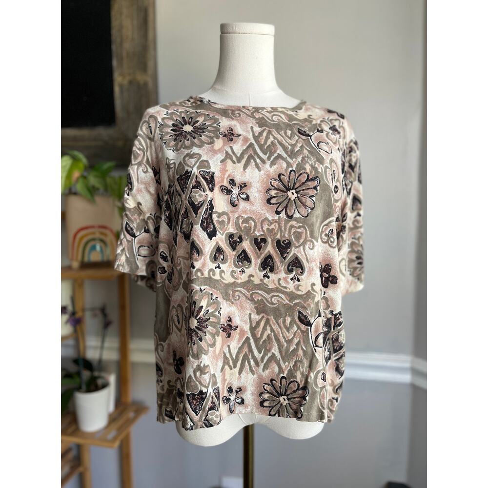 Vintage 90s Rayon Blouse Neutral Floral Wearable Art Size Large